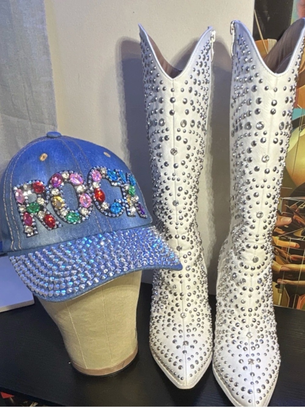 Blue Denim Stone Embellished Cap with Multicolor Crystal Gems 'ROCK' Accent NWOT